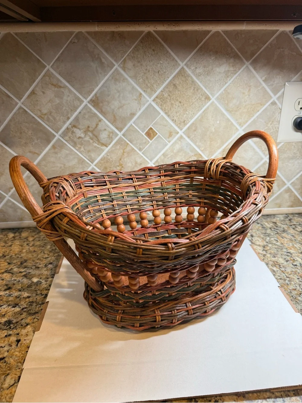 Vintage Woven Wicker Rattan Basket Wood Bead Double Handles Farmhouse Decor
